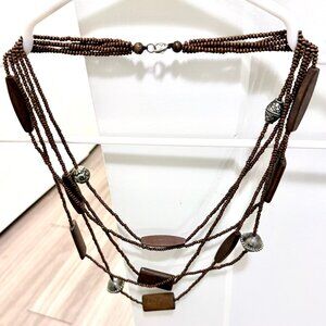 Multi-Strand Wooden Bead Necklace with Metal Accents – Bohemian / Ethnic Sty